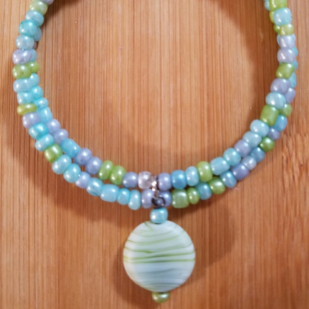 Hand Crafted Memory Wire Wrap Bracelet Beaded with Charm Green Blue Seed Beads M